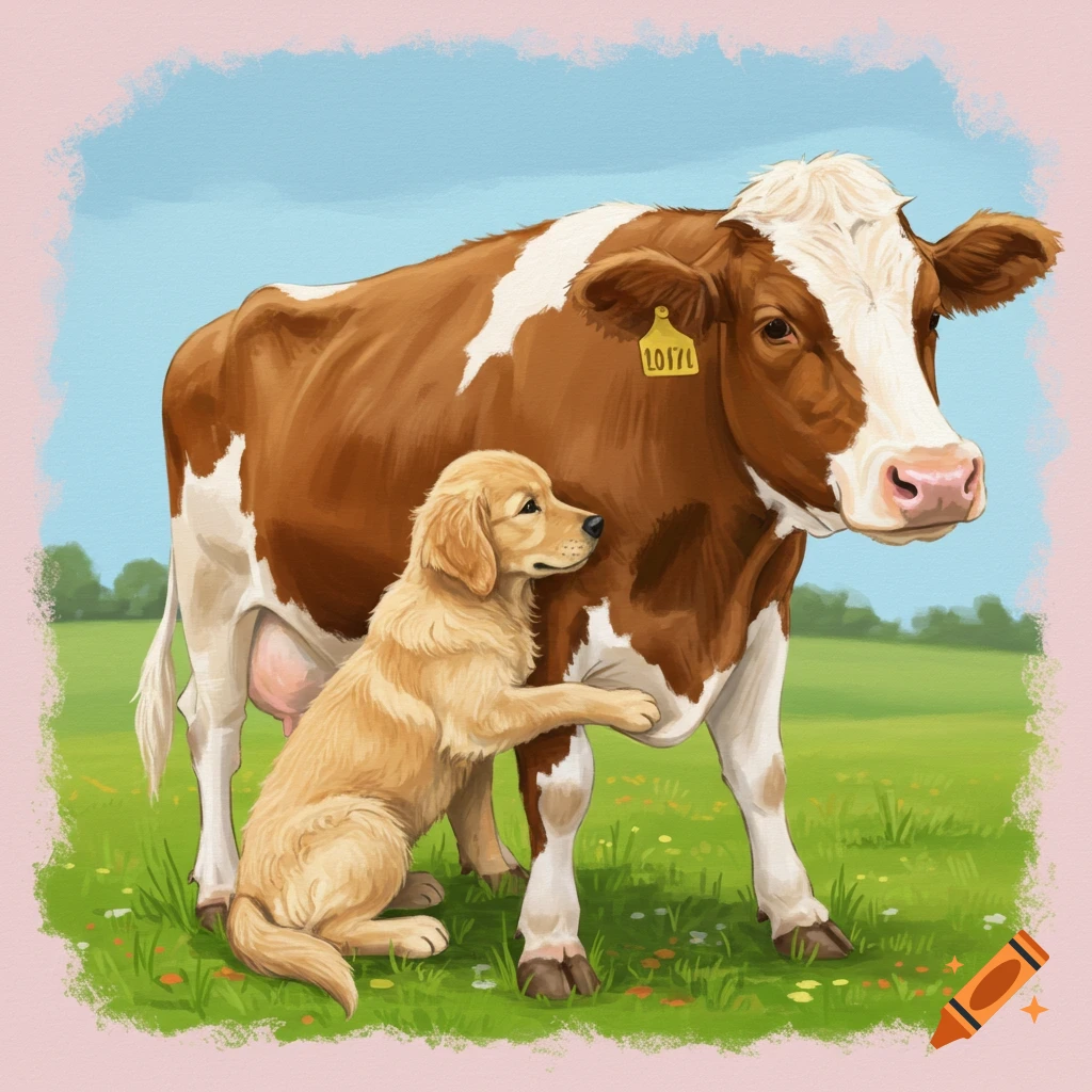 A golden retriever puppy stands next to a brown and white cow in a field, painted style