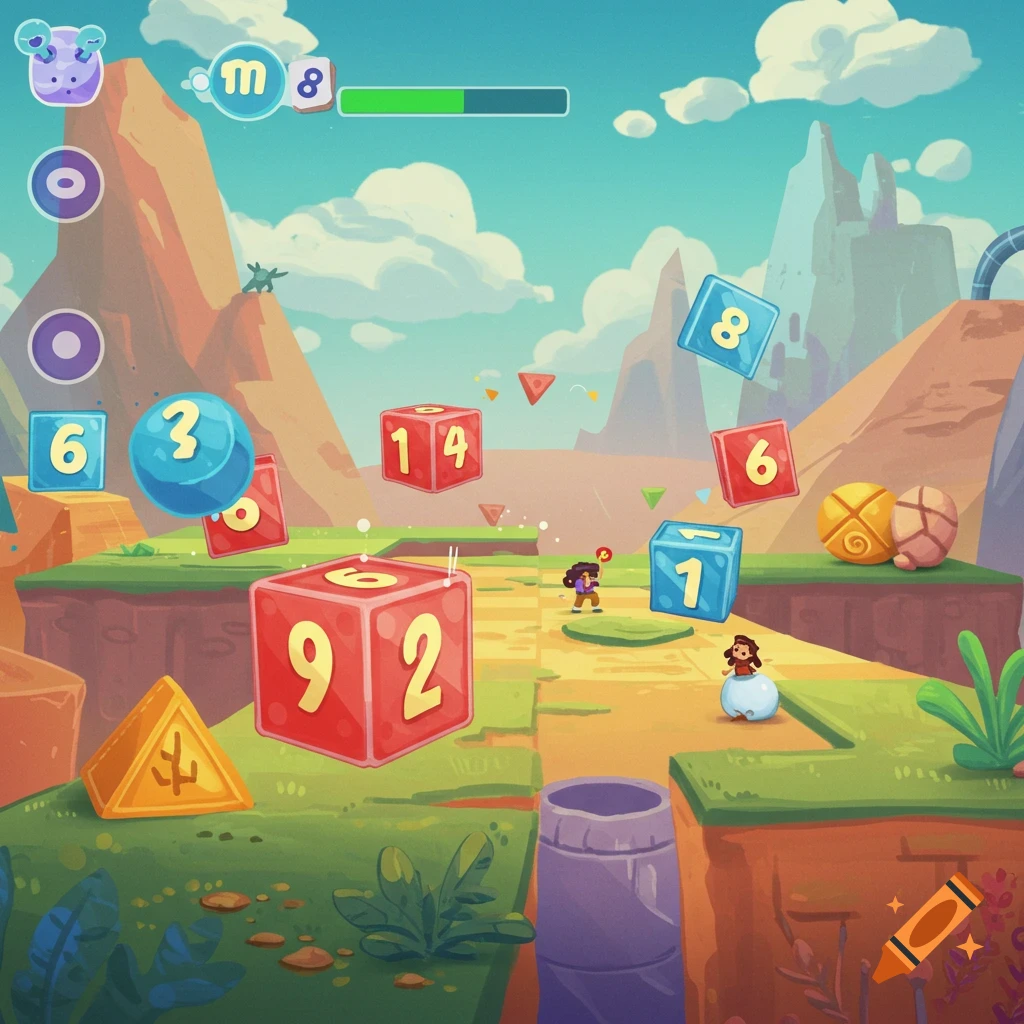Cartoon illustration of a mathematics game world with colorful numbered blocks, characters, and a score bar.