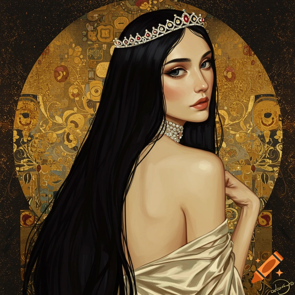 Portrait of a woman with a tiara and jewelry against a gold patterned background.