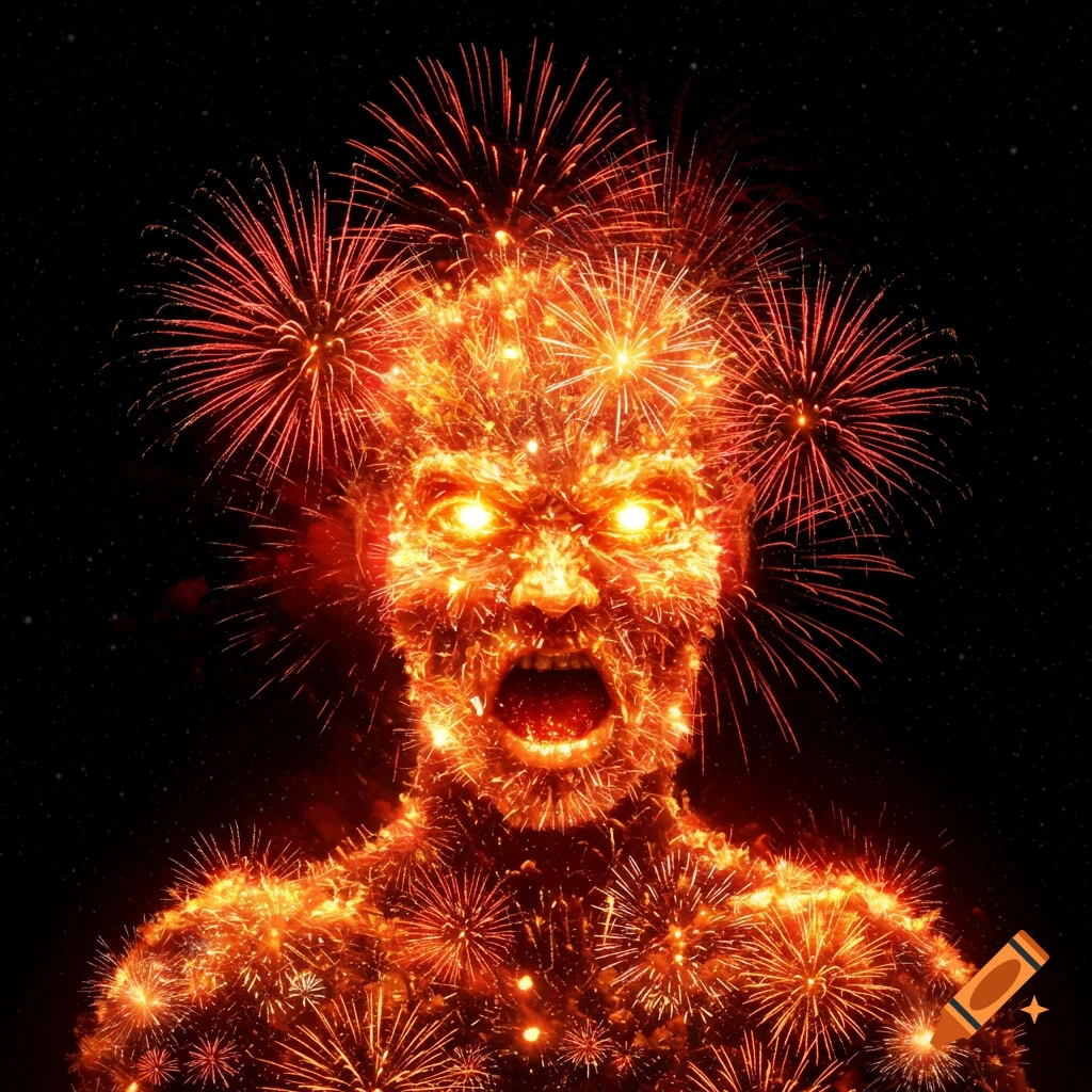 An angry human-like figure composed of fireworks against a starry night sky.