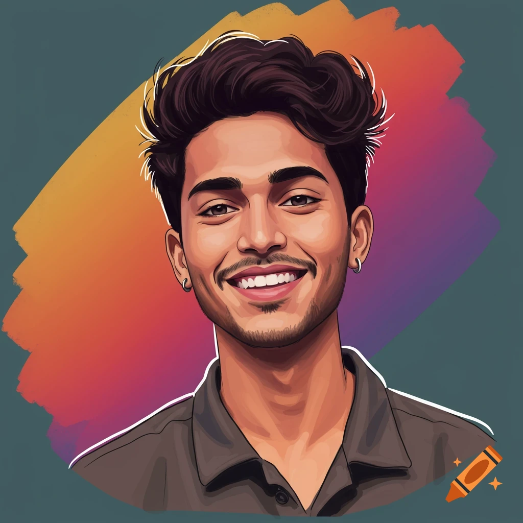 Stylized portrait illustration of a smiling young man with curly dark hair against a colorful background.
