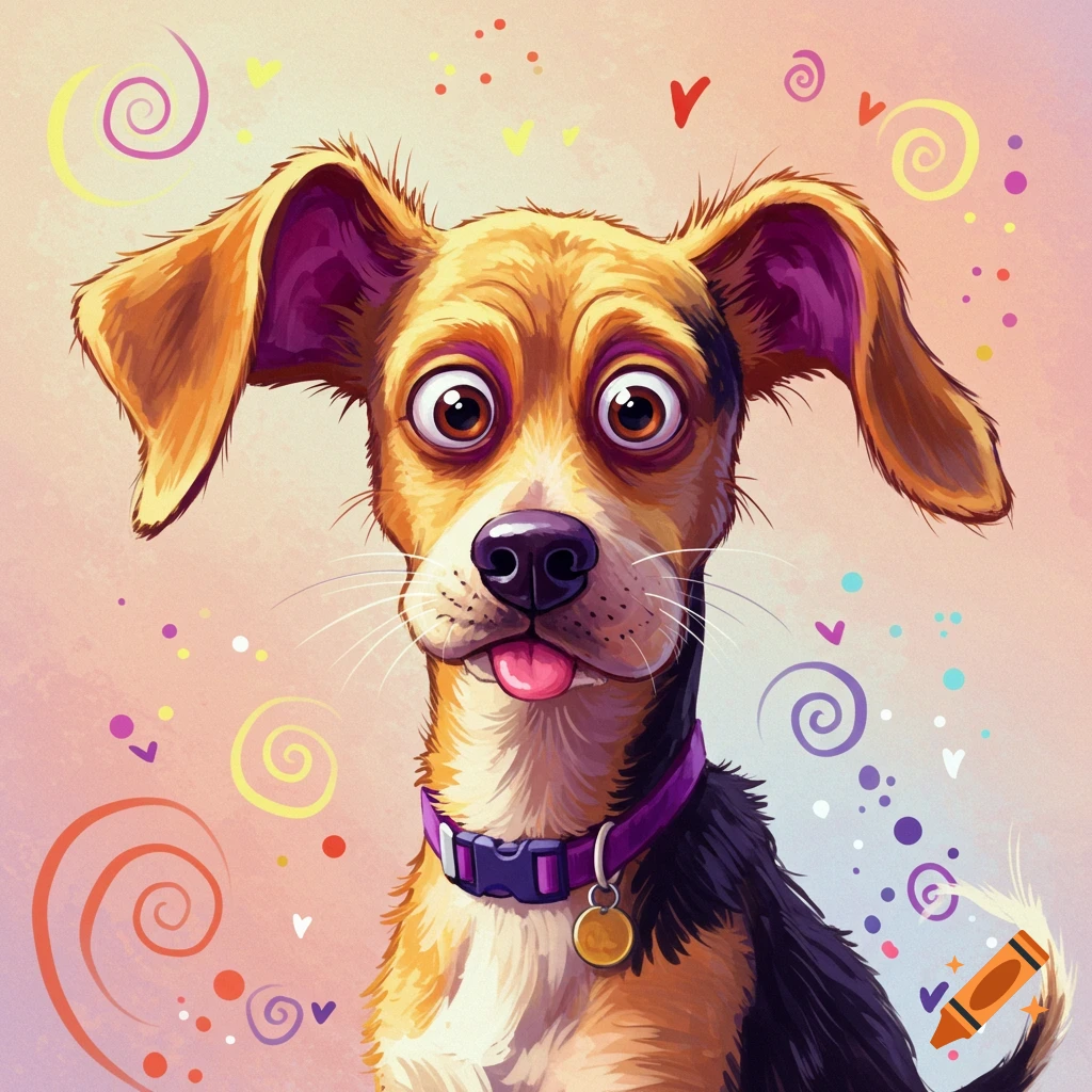 Cartoon illustration of a wide-eyed dog with floppy ears and tongue sticking out, wearing a purple collar, against a colourful background.