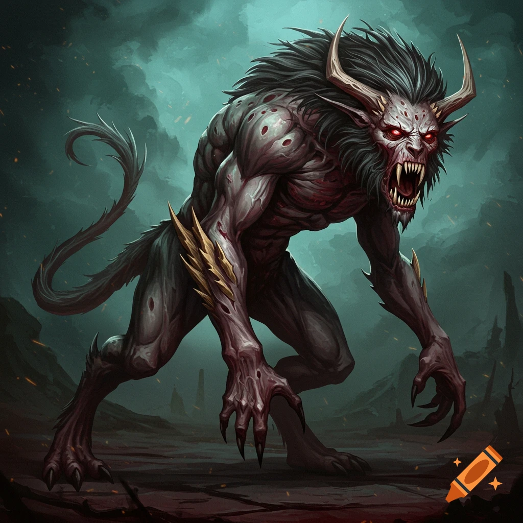 A scary beastlike monster with red eyes, horns, fangs, and claws stands in a desolate landscape.
