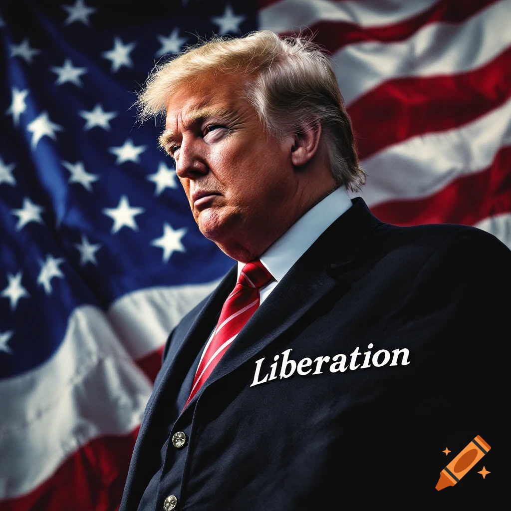 Portrait of Donald Trump with 'Liberation' on his suit in front of an American flag.