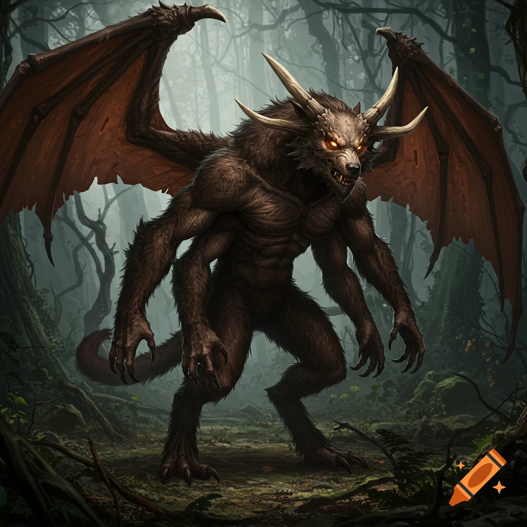 A brown furry bipedal monster with four arms, horns, and wings stands in a dark forest.