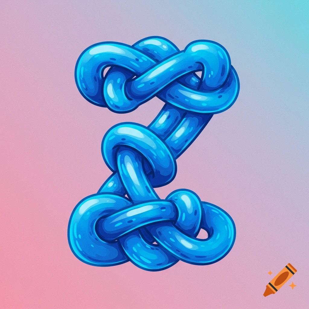 A glossy blue shape resembling a letter Z tied in complex knots, against a pink and blue gradient background.