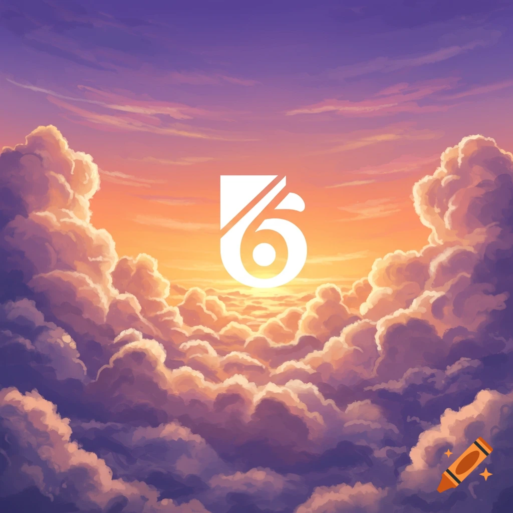 A digital art image of a sunset sky with purple and orange clouds and a white R6 logo in the center.
