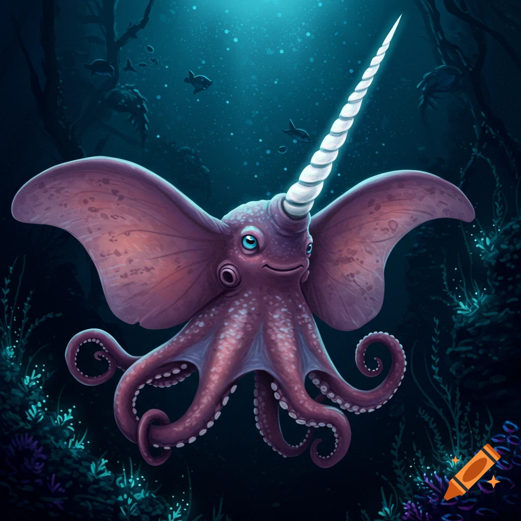 A purple creature fused from a dumbo octopus and a narwhal swims in a deep blue underwater scene.