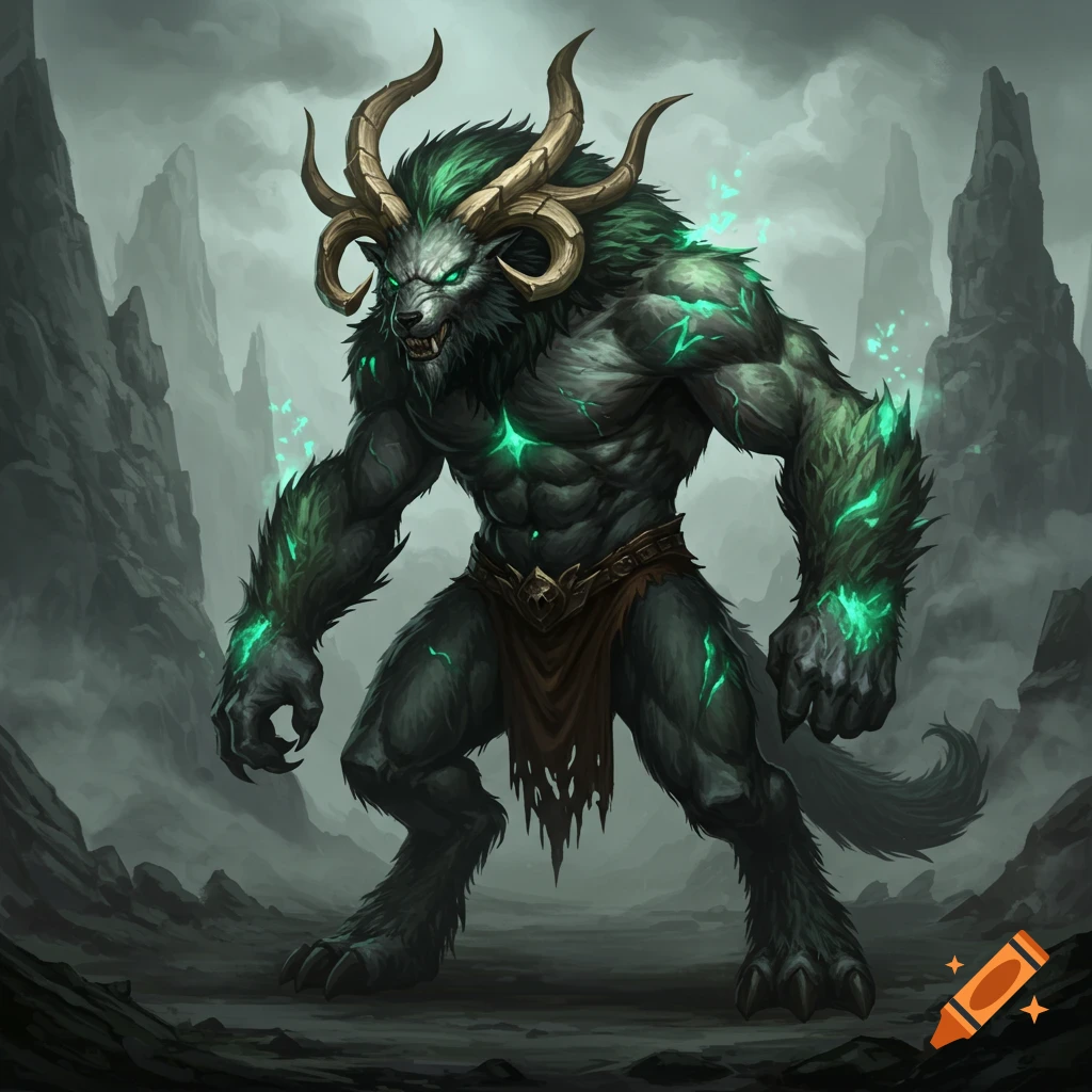 A green-furred monster with horns stands in a rocky landscape.