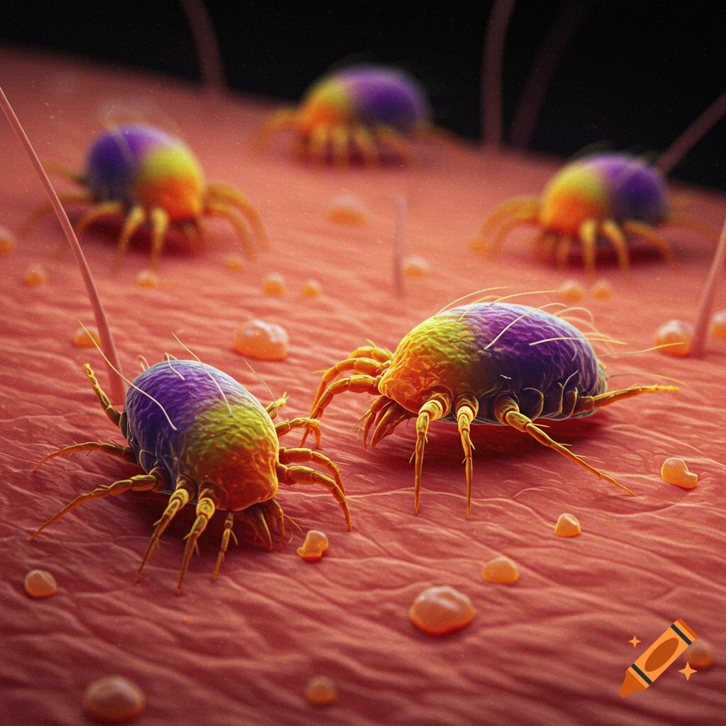Microscopic view of several mites on skin.