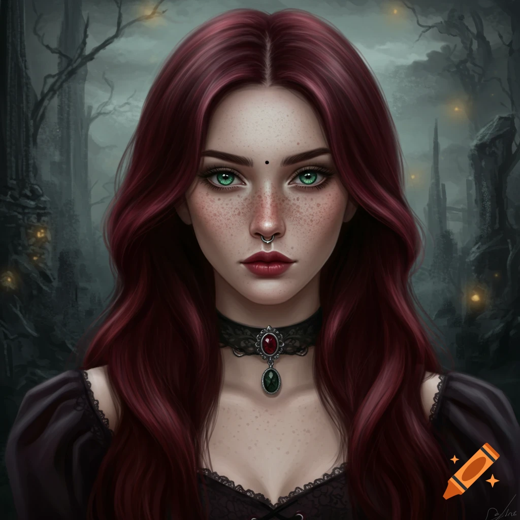 A gothic woman with red hair, green eyes, and freckles wears a choker against a dark fantasy background.