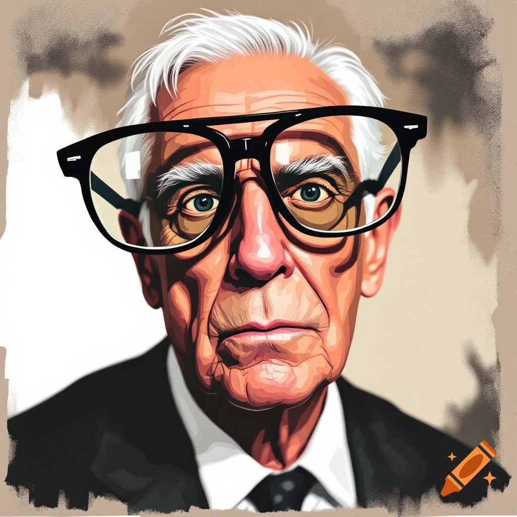 Close-up illustration of an older man with prominent black glasses.