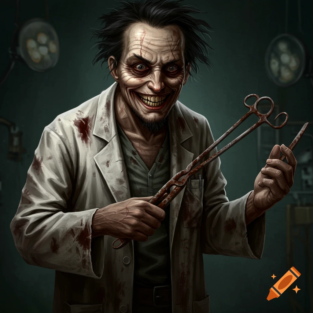 Scary doctor with bloody coat holding rusty surgical tools