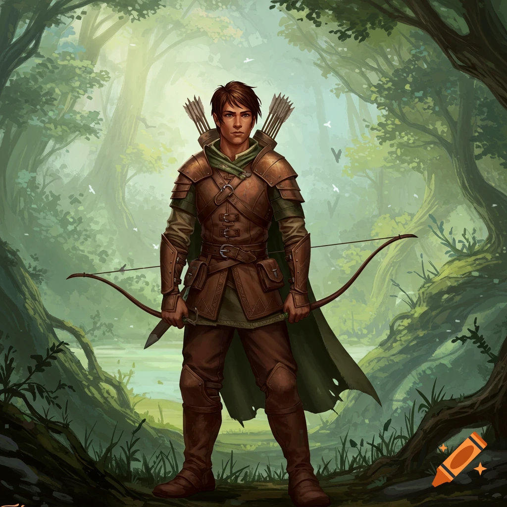 A fantasy ranger character holding a bow and arrows stands in a forest.