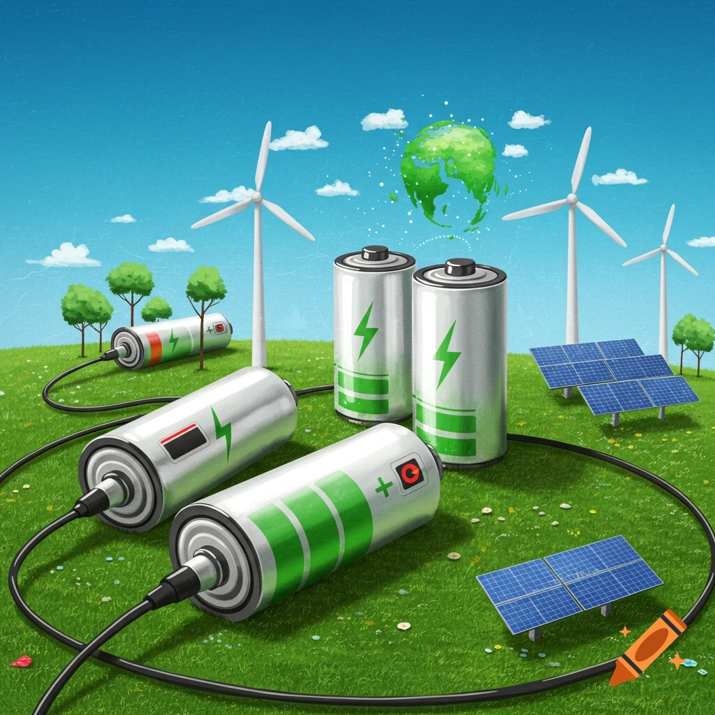 Illustration of batteries charging from wind turbines and solar panels on a grassy hill with a glowing globe.