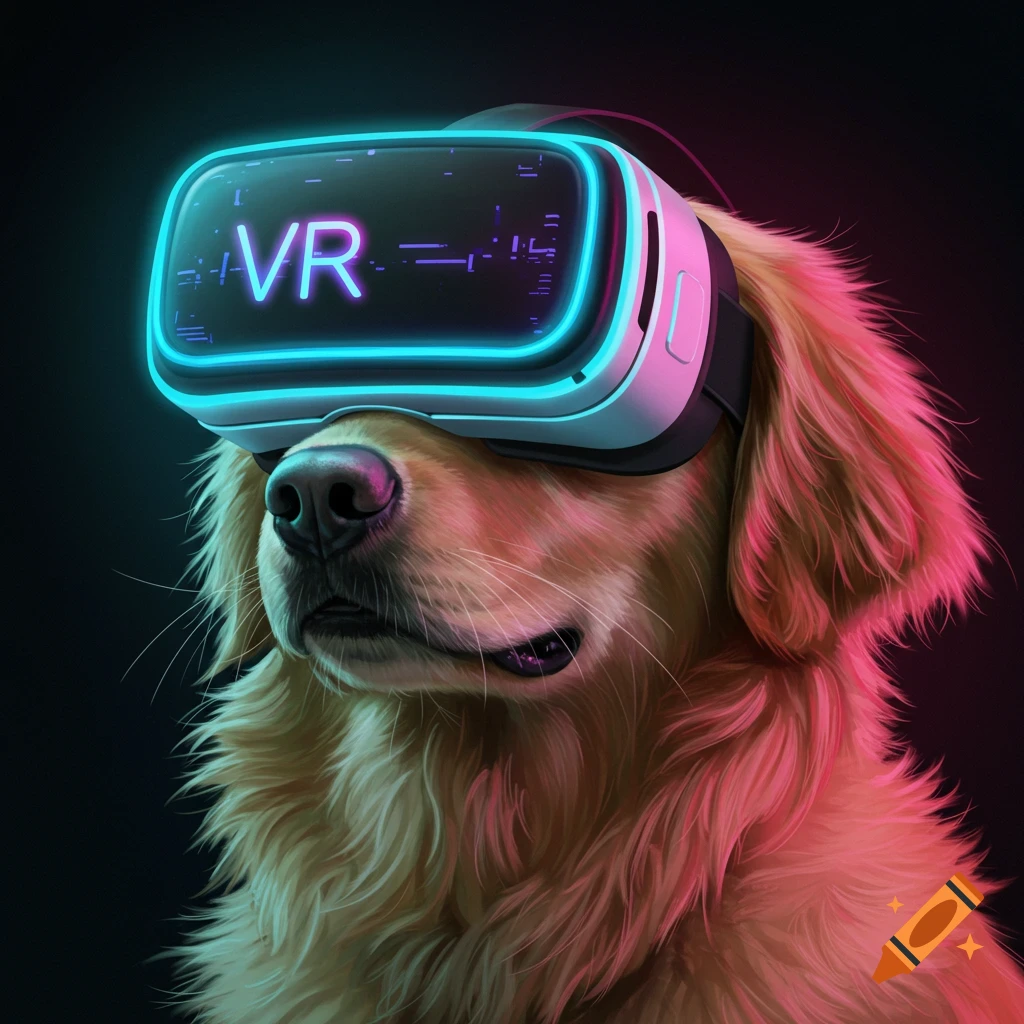 Close-up of a golden retriever dog wearing a glowing blue and pink VR headset against a dark background.