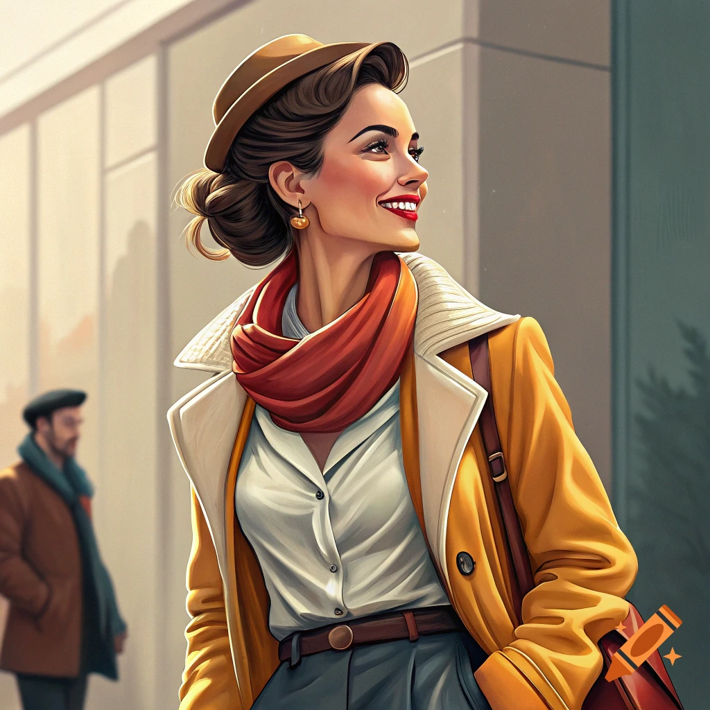 Illustration of a fashionable woman in a hat and coat walking on a city street