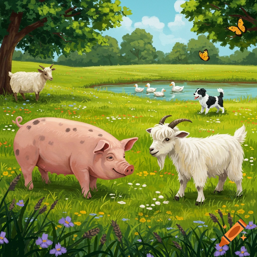 Illustration of a pig, goats, ducks, and a dog in a grassy field with a pond and trees.