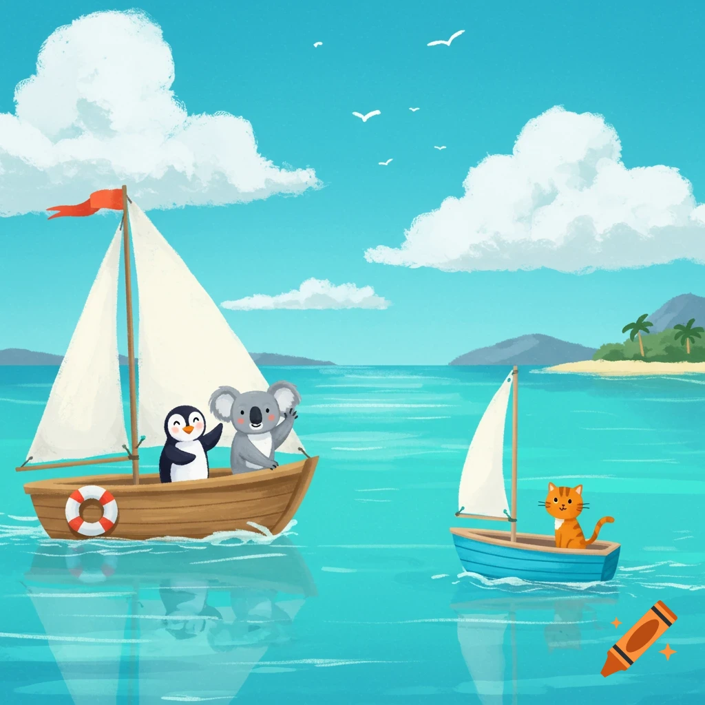 penguin, koala, and cat sailing