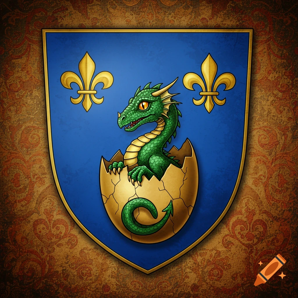 Cartoon baby dragon hatching from an egg on a medieval coat of arms with fleur-de-lis.
