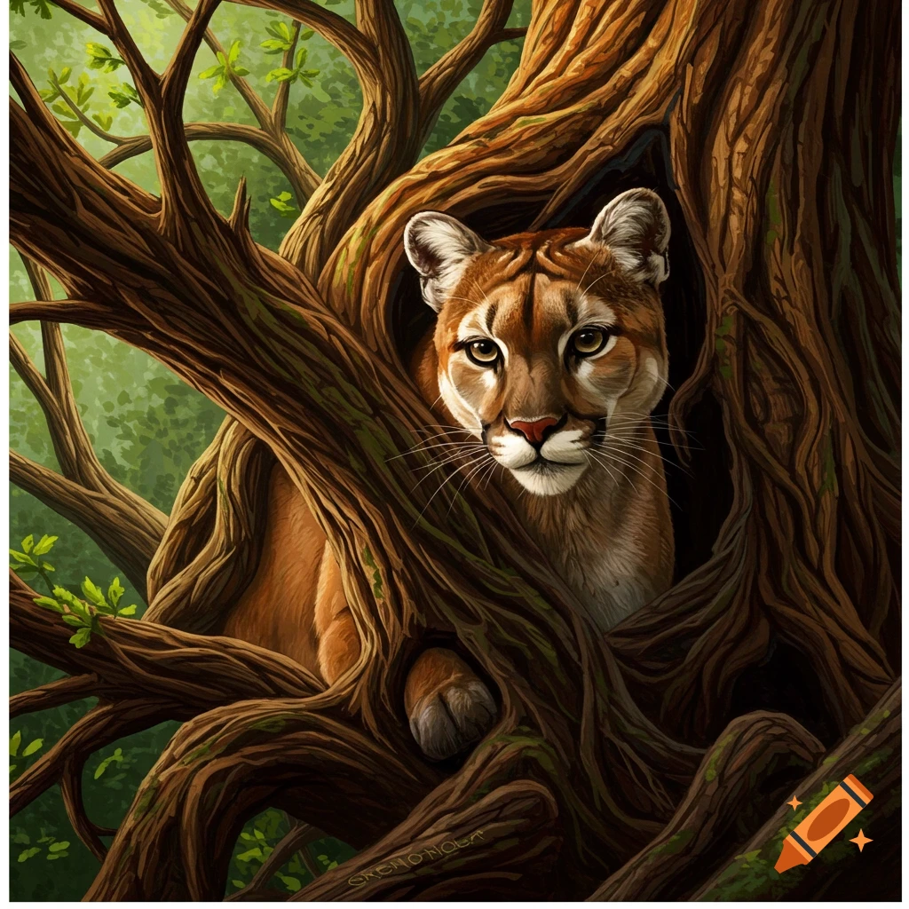An illustration of a cougar peering out from within a twisted tree trunk.