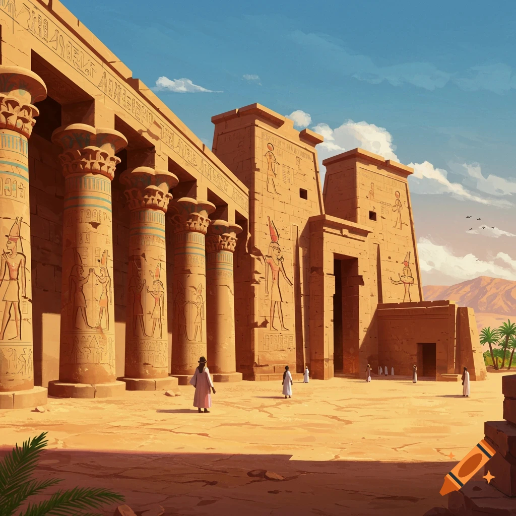 Illustration of an ancient Egyptian temple with large carved columns and people in a sandy courtyard.