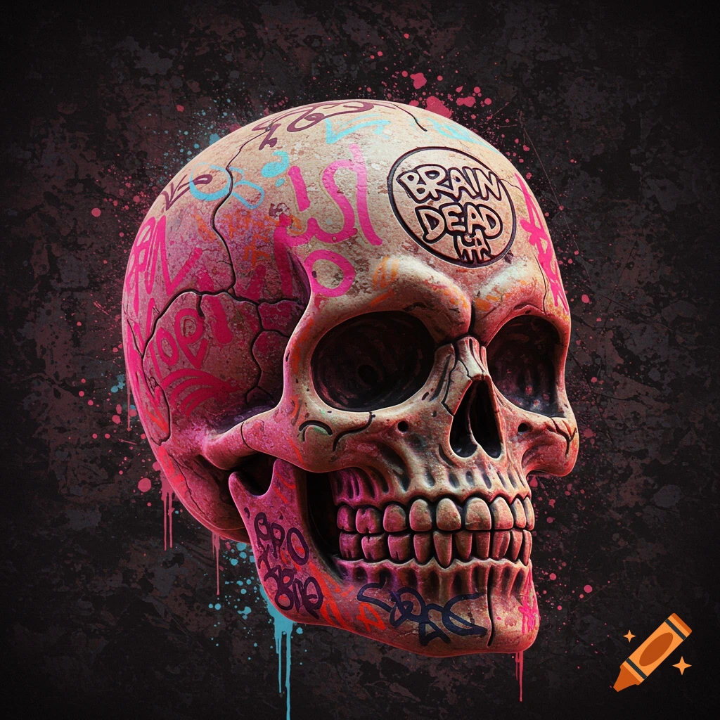 Stylized skull covered in pink and blue graffiti and paint drips against a dark background.