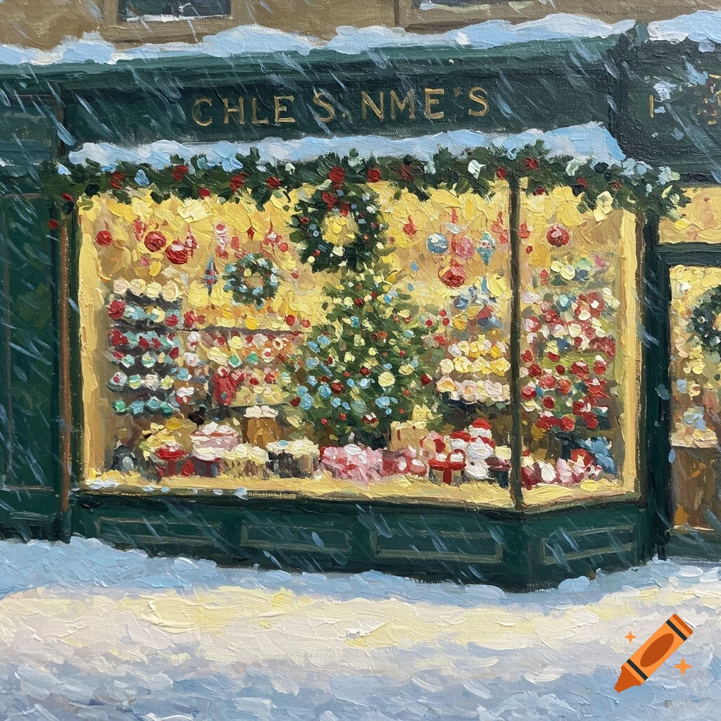 Impressionistic painting of a Christmas store window display seen in winter snow.