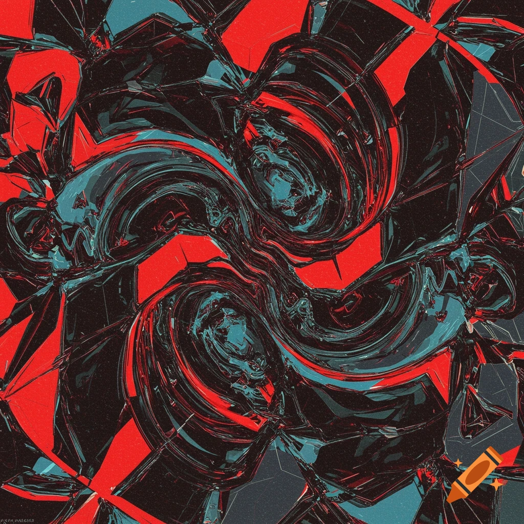 Abstract swirling black and blue shapes with sharp red fragments.