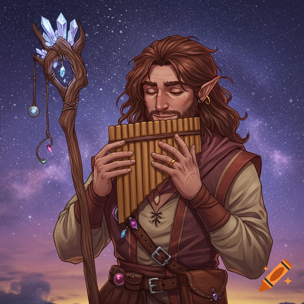 Fantasy character with pointy ears playing a pan flute under a starry sky.