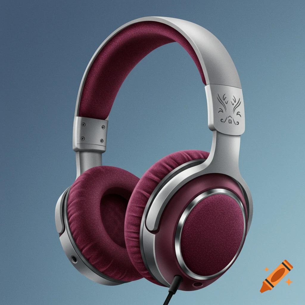 Maroon and silver headphones against a blue background.