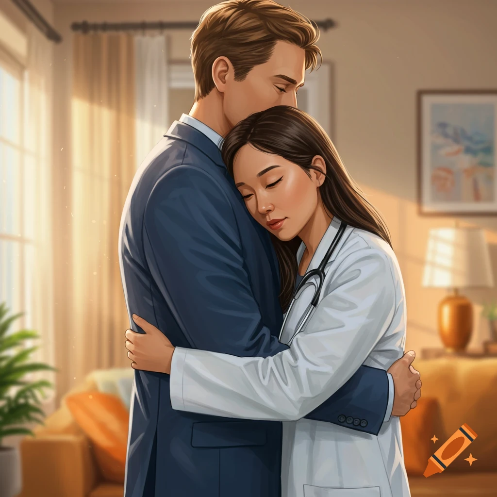 A man in a suit hugs a woman in a doctor's coat.
