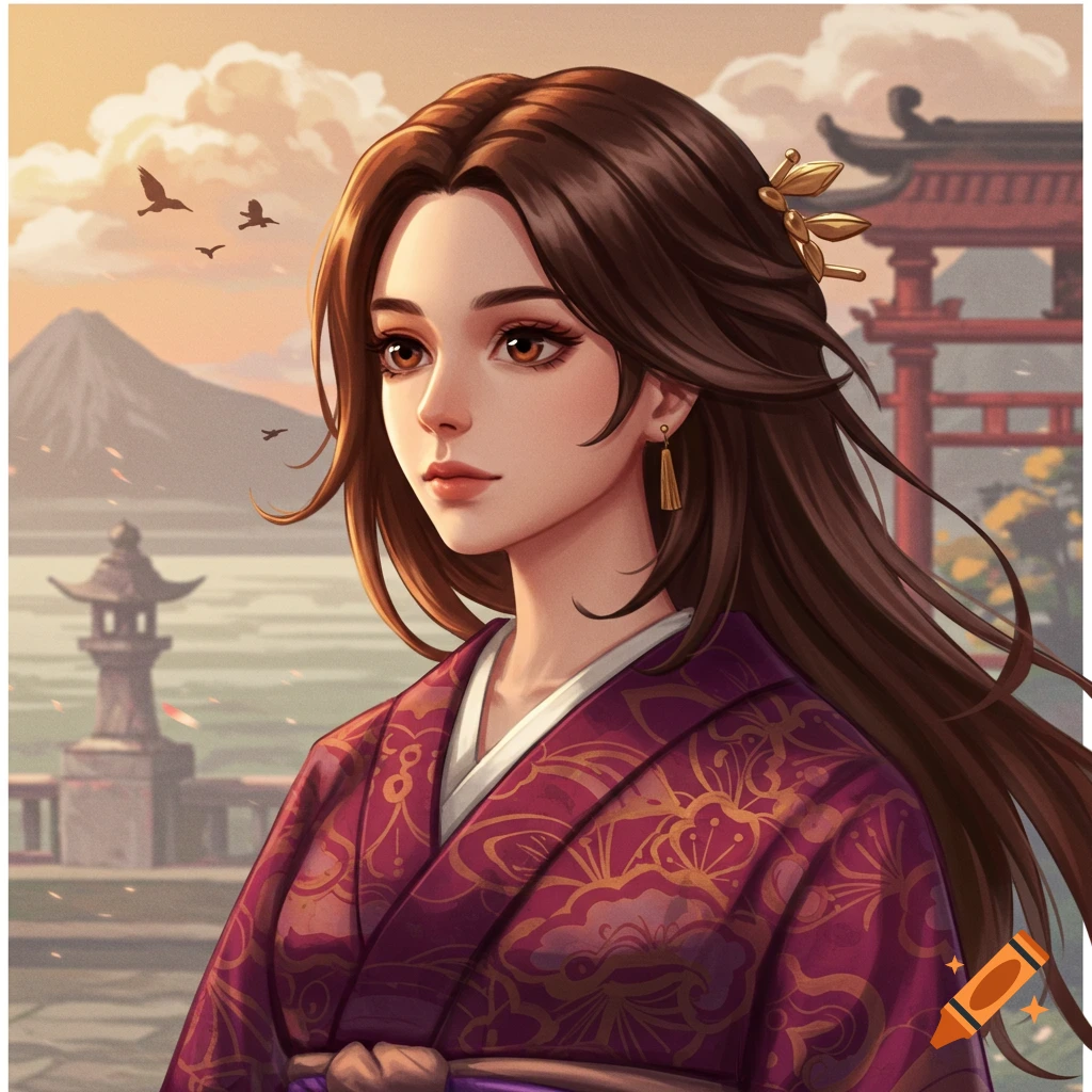 Anime-style portrait of a woman in a purple kimono before a Japanese landscape with a mountain, lake, and torii gate.