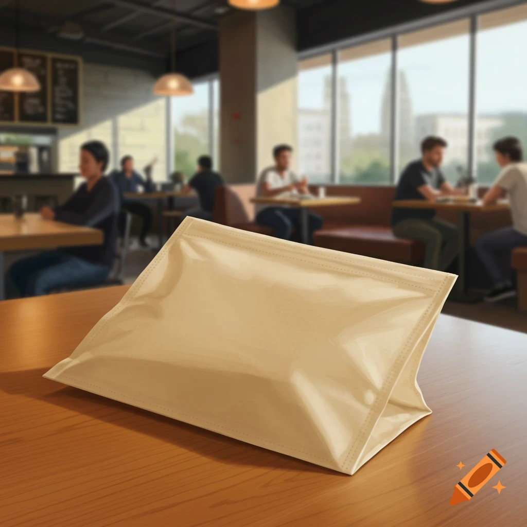 A beige nonwoven bag sits on a wooden table in a blurry restaurant or cafe setting.
