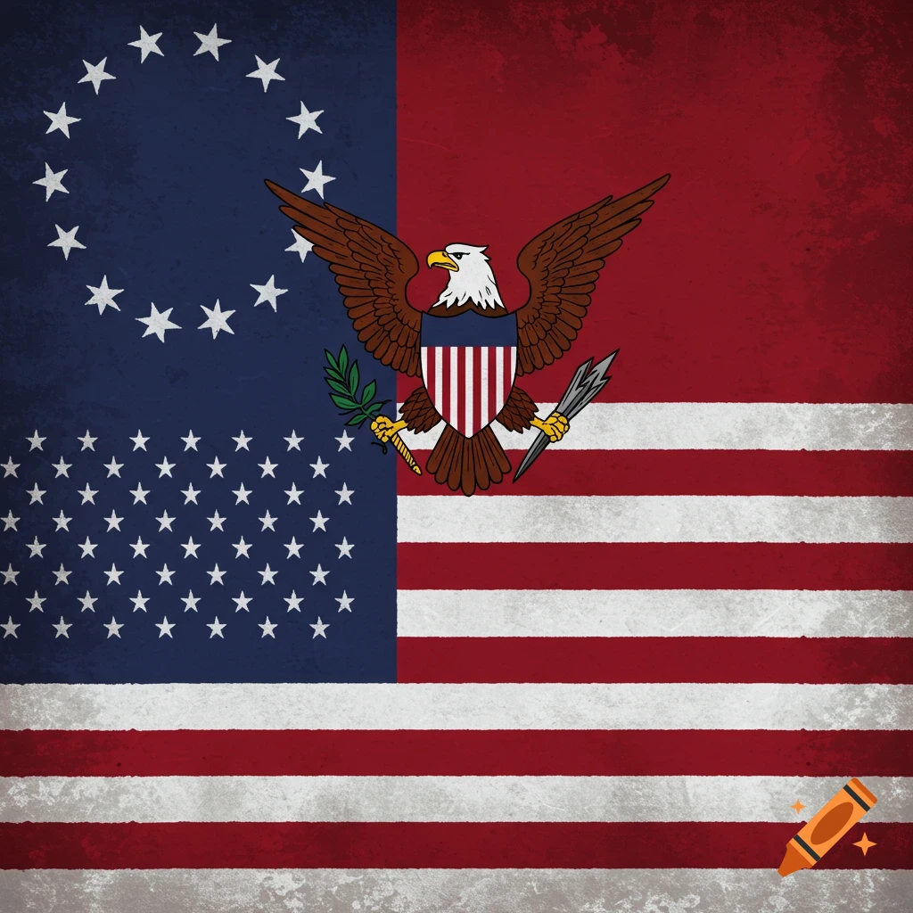 Flag design with blue canton, white stars, red and white stripes, and a bald eagle emblem.