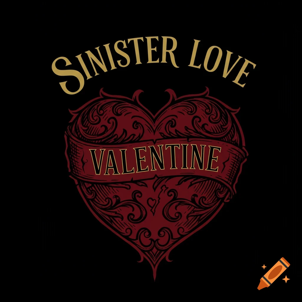 Logo featuring a dark red heart with decorative gold text 'Sinister Love Valentine' and black accents.