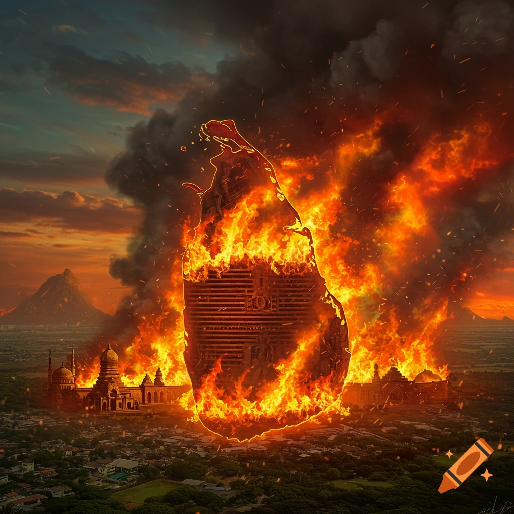 Stylized depiction of the map of Sri Lanka burning over a city engulfed in fire, with smoky clouds and mountains.