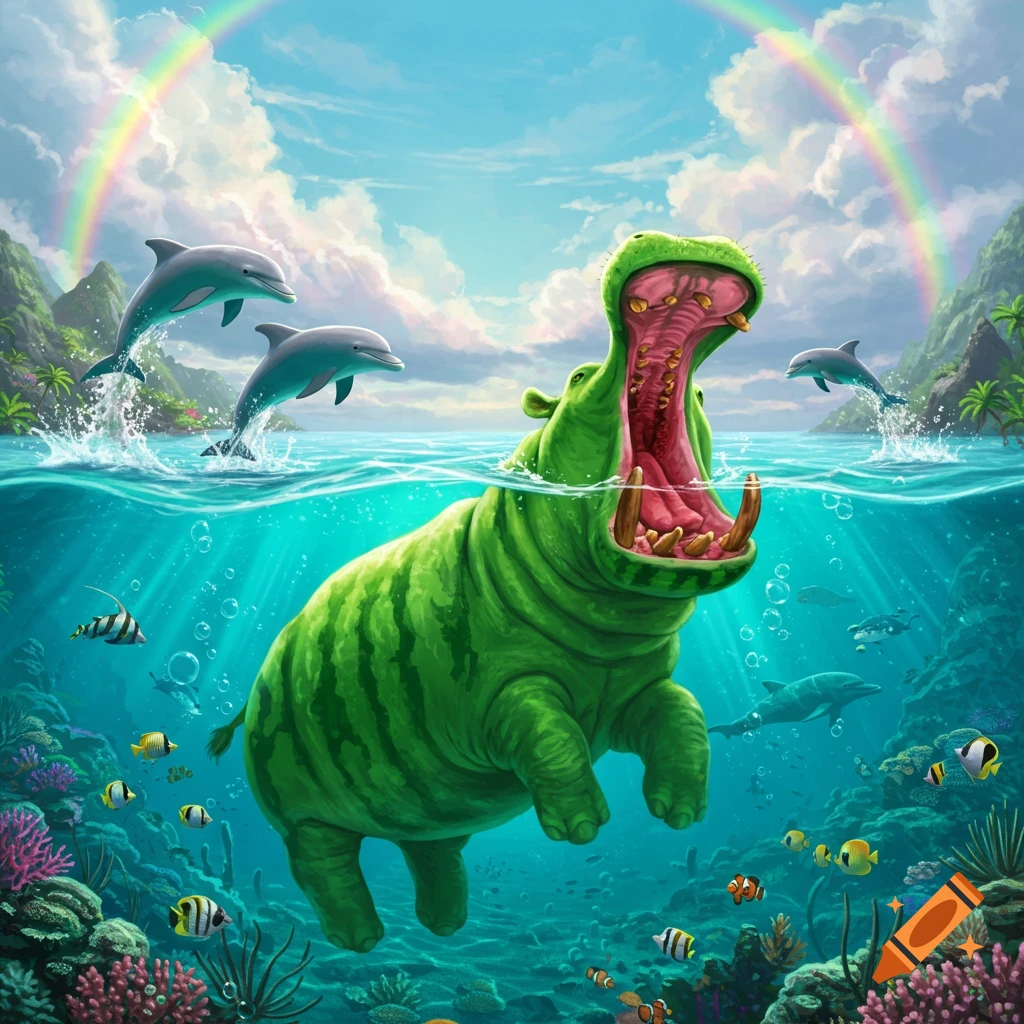 A watermelon-striped hippo swims underwater with dolphins leaping and a rainbow arching overhead.