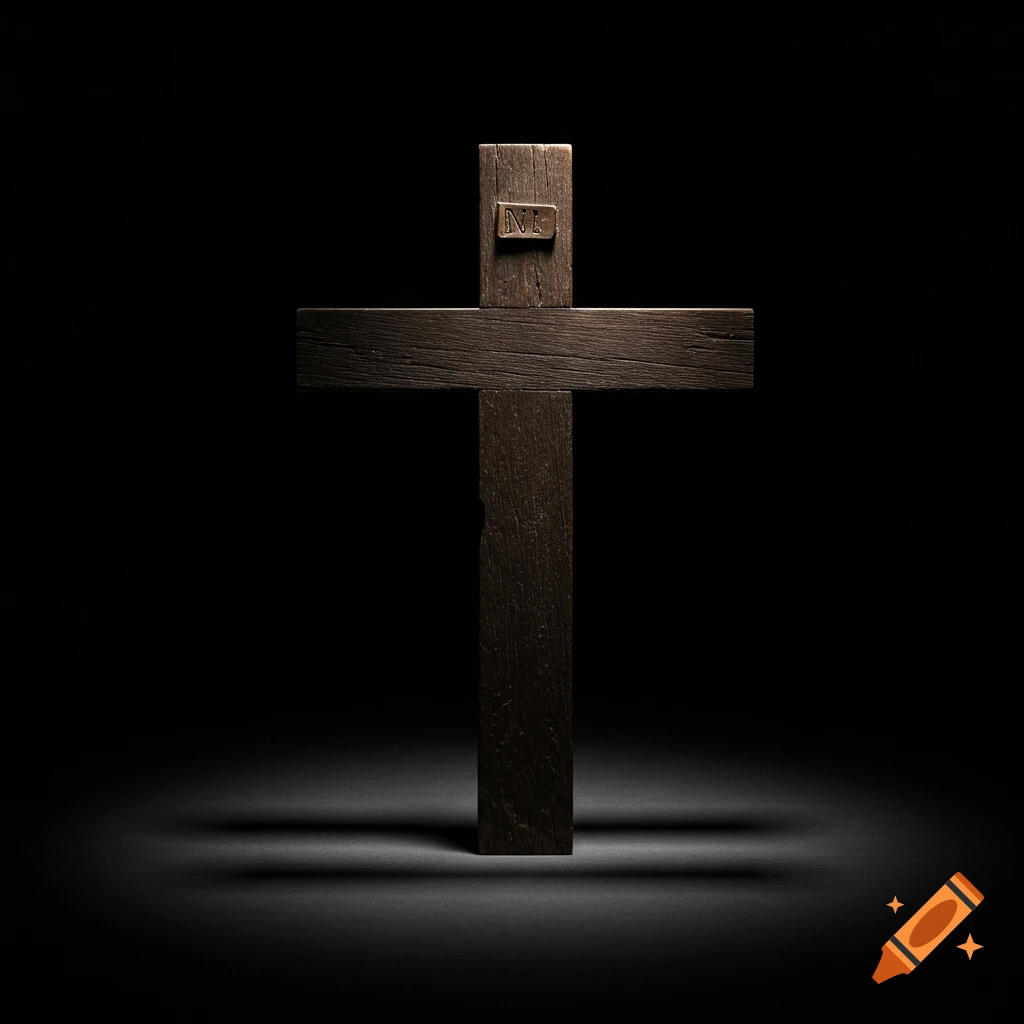 A wooden cross dramatically lit on a dark background with text at the top.