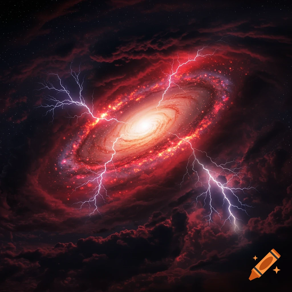 A red swirling galaxy surrounded by dark storm clouds with lightning strikes.