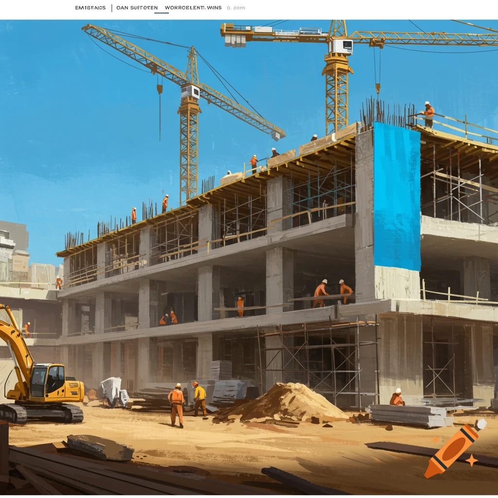 Digital illustration of a construction site with workers, cranes, and an excavator.
