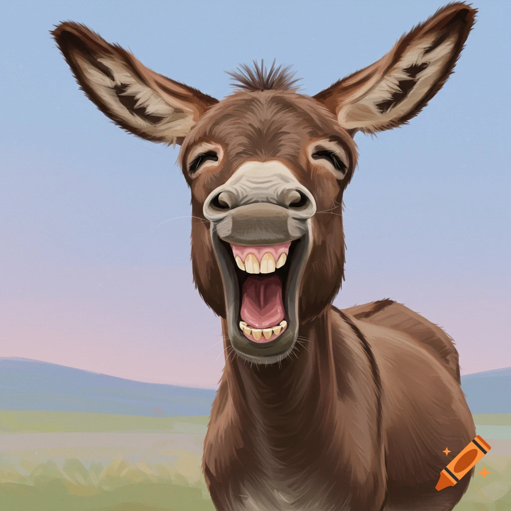 Close-up cartoon illustration of a donkey laughing with its mouth wide open and teeth showing.