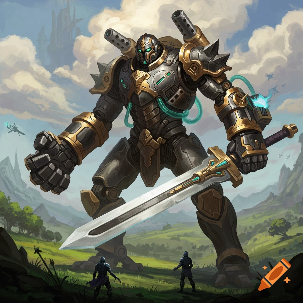 Giant fantasy mech holds a large sword, towering over two figures in a valley.