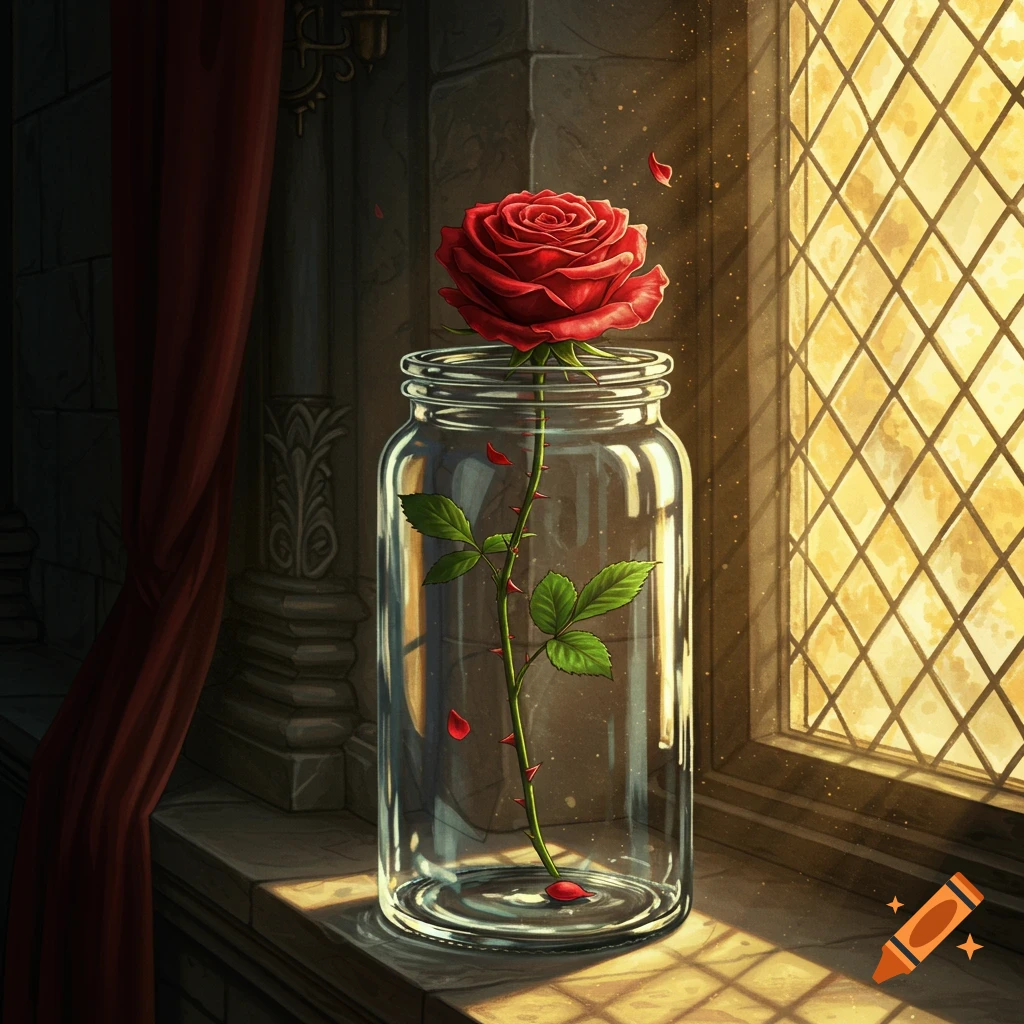 A thorny red rose in a glass jar sits on a stone windowsill inside a castle, lit by sunlight from a leaded window.