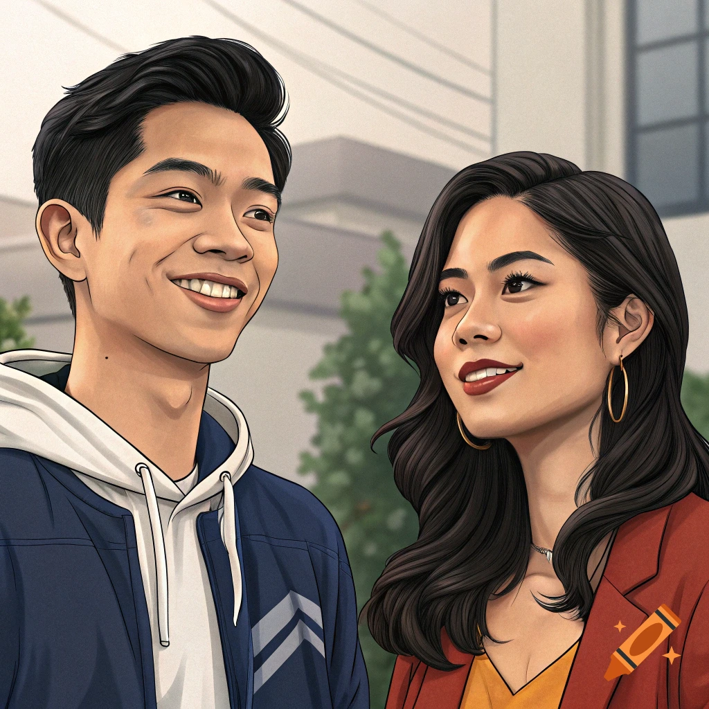 Illustration of a man and a woman smiling and looking at each other outdoors.