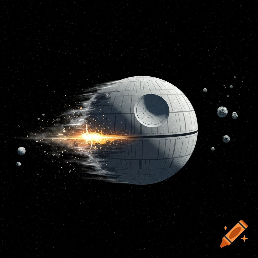 Illustration of the Death Star exploding in space.