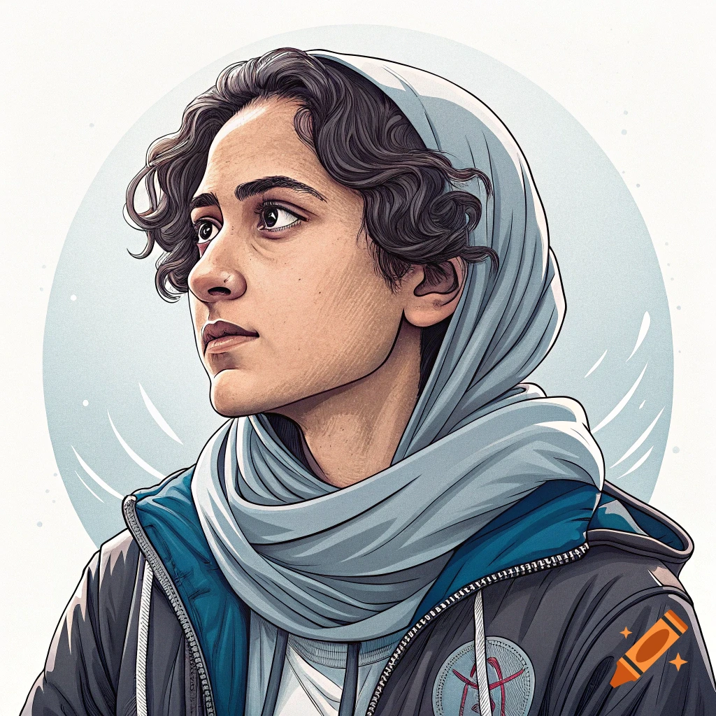 Stylized portrait illustration of a person wearing a headscarf and jacket, looking left.
