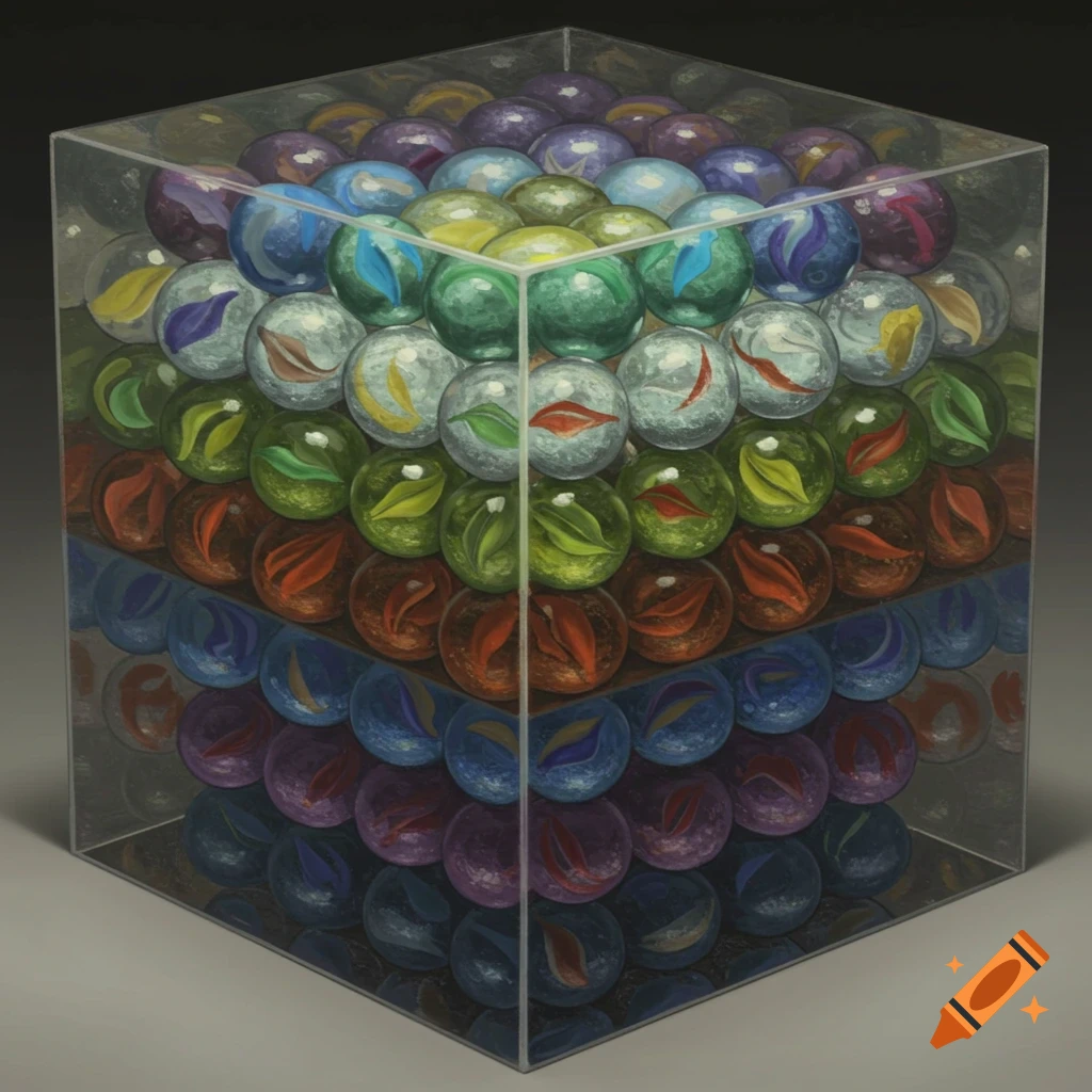 Glass cube with colorful mosaic of marbles