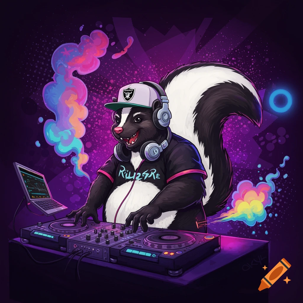 A cartoon skunk wearing a cap and headphones is DJing on turntables in a vibrant, colorful, purple-toned scene.