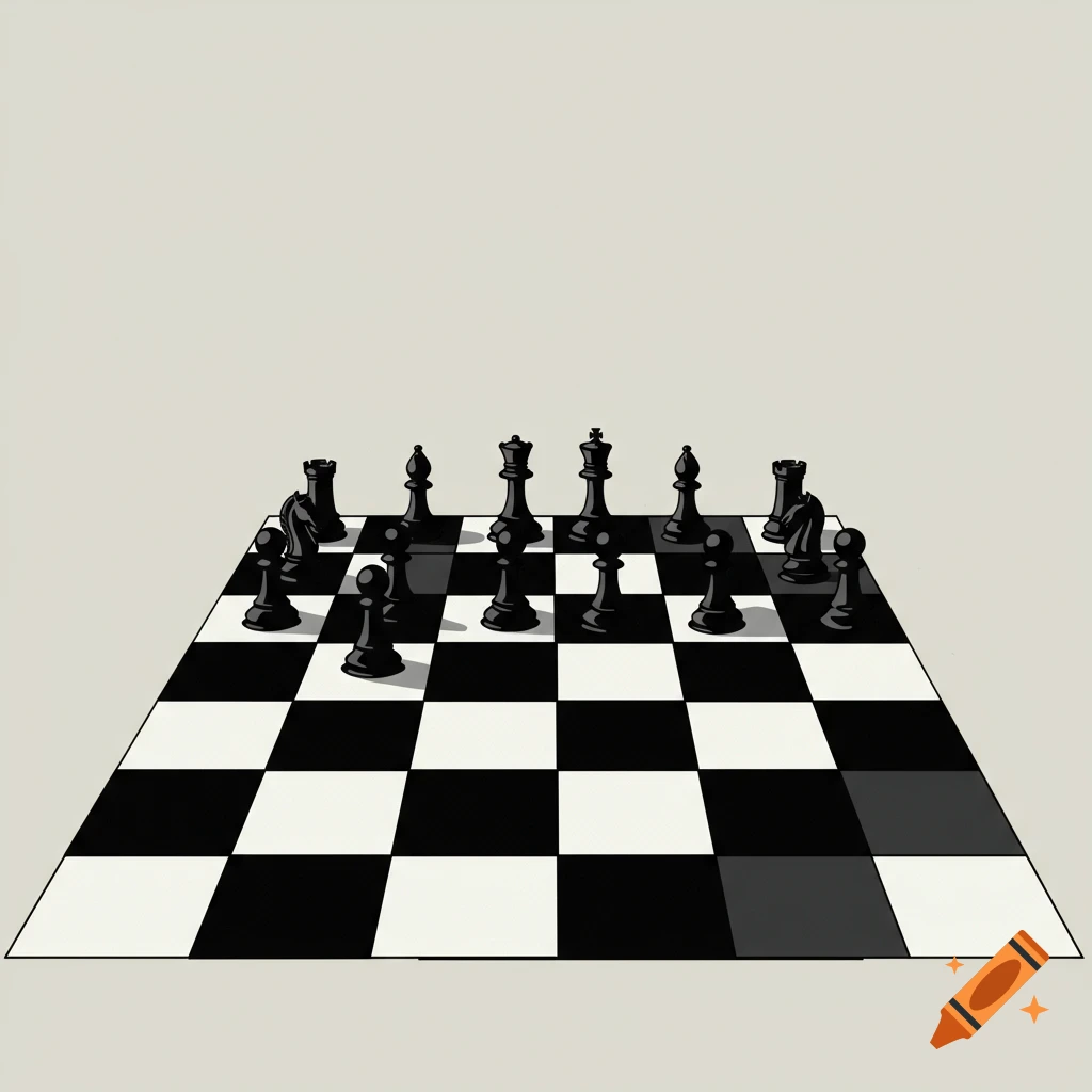 A simple, minimalistic design showing a chessboard with black pieces.